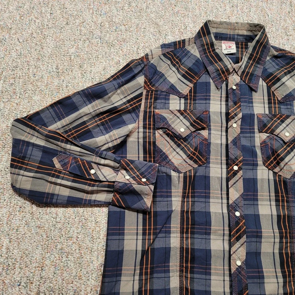 True Religion Western Shirt Mens 3XL Blue Plaid Pearl Snap Long Sleeve Cowboy